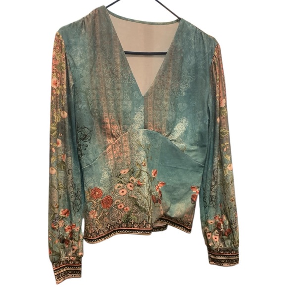 Tops - Blue Embellished Wrap Blouse with Long Sleeves